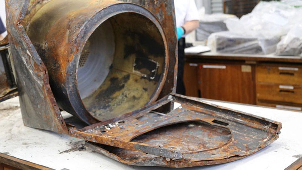 A fire damaged Whirlpool tumble dryer