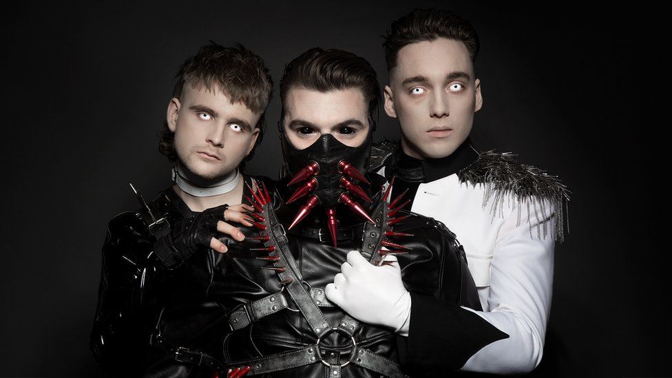 Hatari band members Klemens Hannigan (L), Einar Hrafn Stefansson, Klemens Hannigan and Matthias Tryggvi Haraldsson (R)