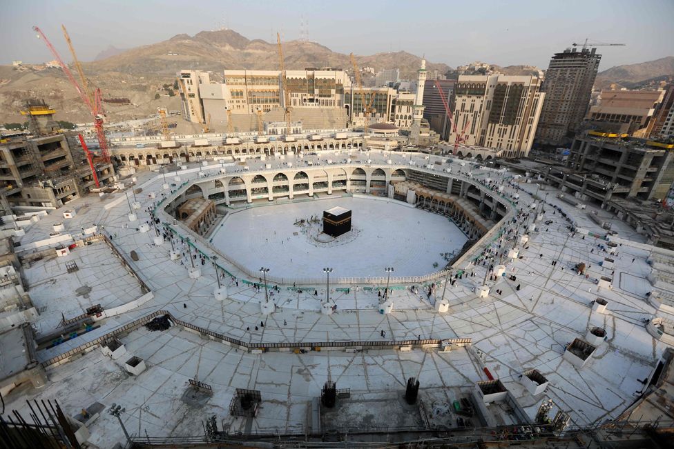An aerial view taken on 5 March shows the white-tiled area surrounding the Kaaba, inside Mecca's Grand Mosque, empty of worshippers.