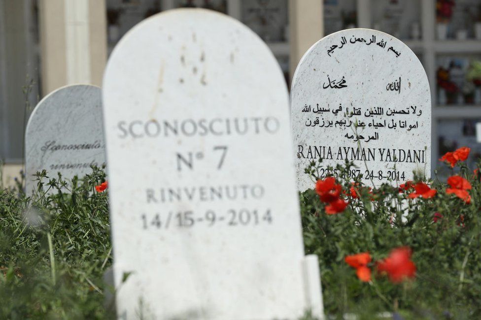 Grave stones in Augusta, Sicily, for migrants of an earlier tragedy - "sconosciuto" means "unknown" and "rinvenuto" means "found"