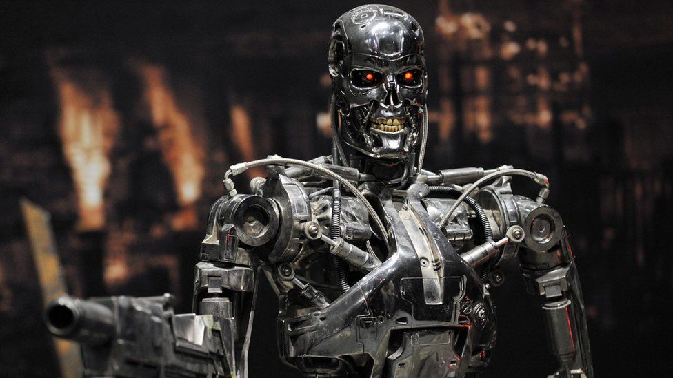 A full-scale figure of a terminator robot 