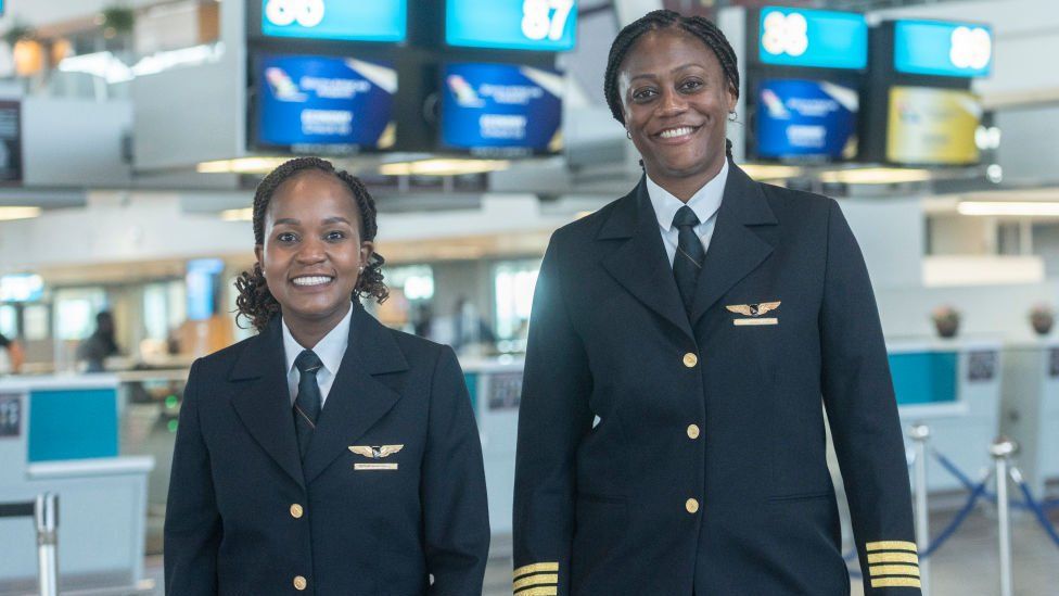 First Officer Refilwe Moreetsi and Captain Annabel Vundla at a media briefing of the first black African female flight deck crew at Cape Town International Airport on October 25, 2022