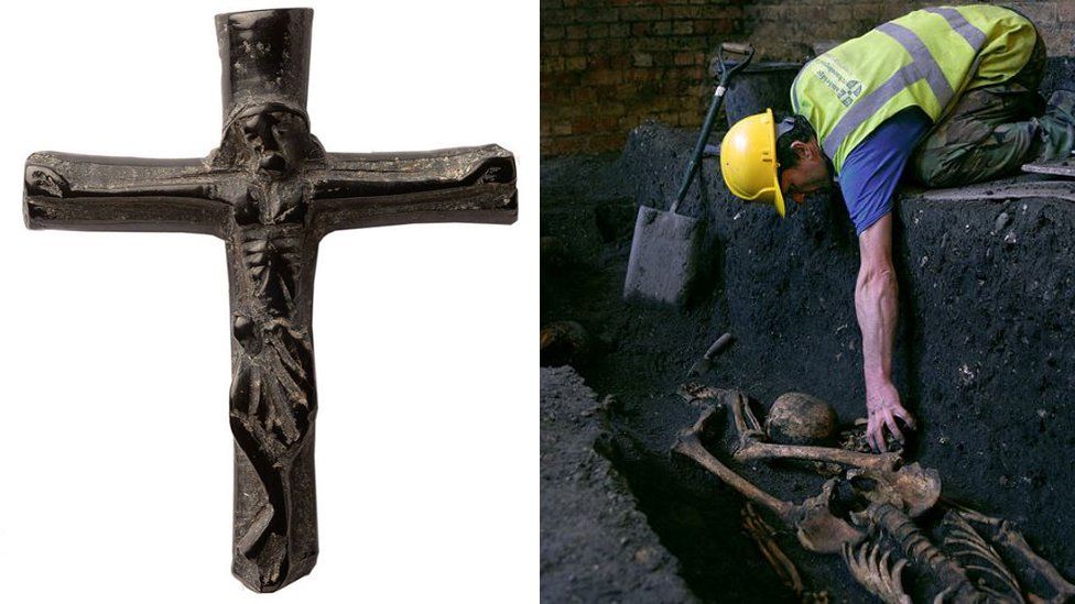 15th Century jet cross; archaeologist and skeleton - St John's College, Cambridge