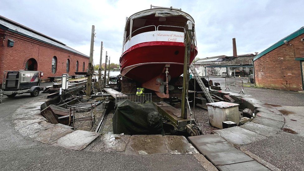 A tourist boat is repaired in the dry dock at Underfall Yard in Bristol