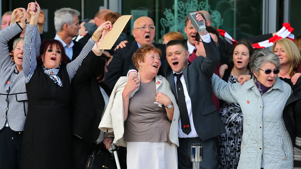 Hillsborough relatives celebrate the inquest verdict, 26 April 2016