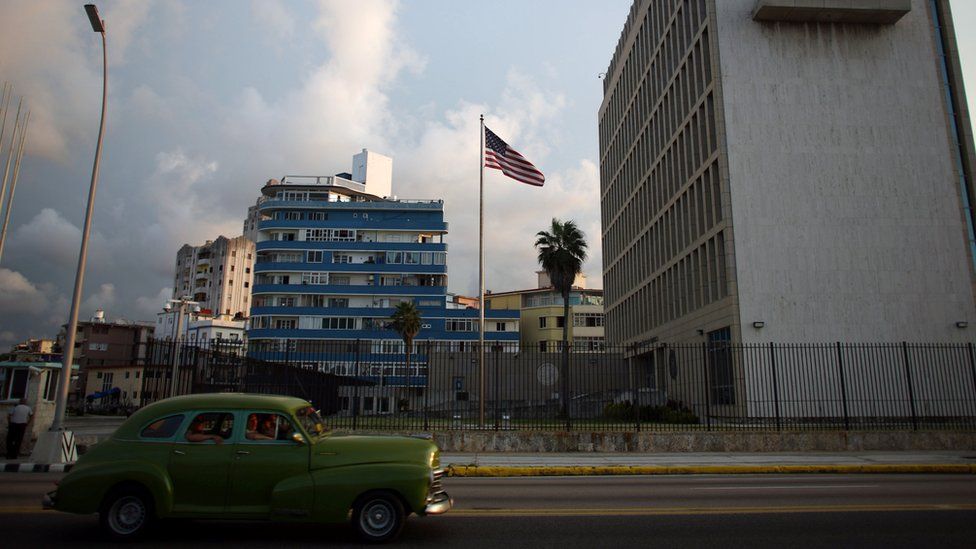 vintage car drives past US embassy with US flag (file pic)