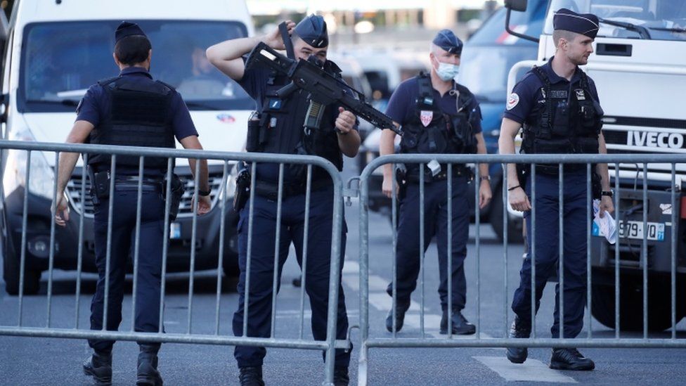 French Police forces secure the area near the Paris courthouse