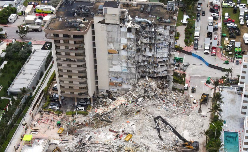 An aerial view of the site during a rescue operation of the Champlain Tower partially collapsed in Surfside, Florida, 1 July 2021