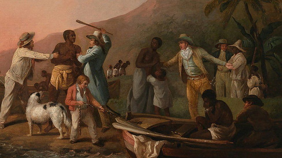 An oil painting depicting a man being captured from his family by slave traders on the coast of Africa, circa 1788