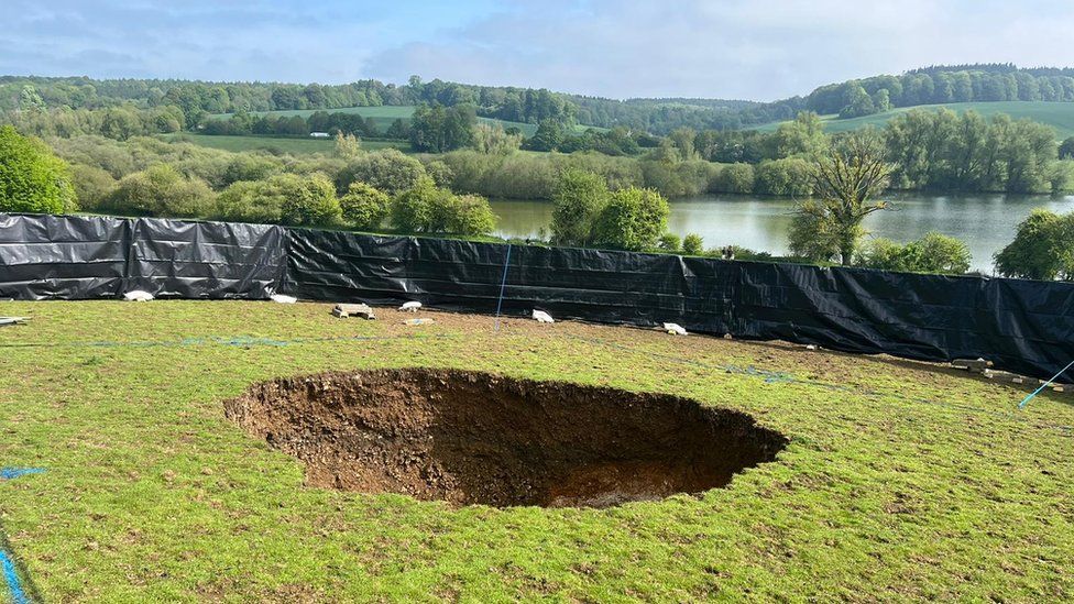 The hole that has opened up in the ground near Little Missenden, Buckinghamshire
