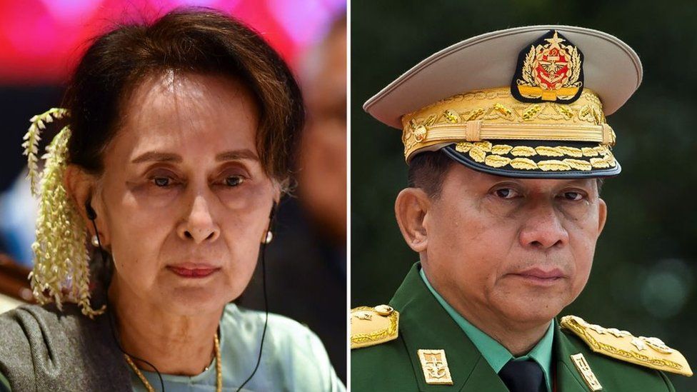 Aung San Suu Kyi (L) and Myanmar military chief Senior General Min Aung Hlaing