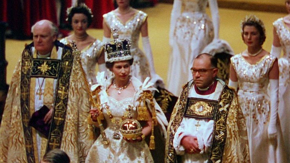 The Coronation, of Queen Elizabeth II with her Maids of Honour and the Archbishop of Canterbury during the Coronation