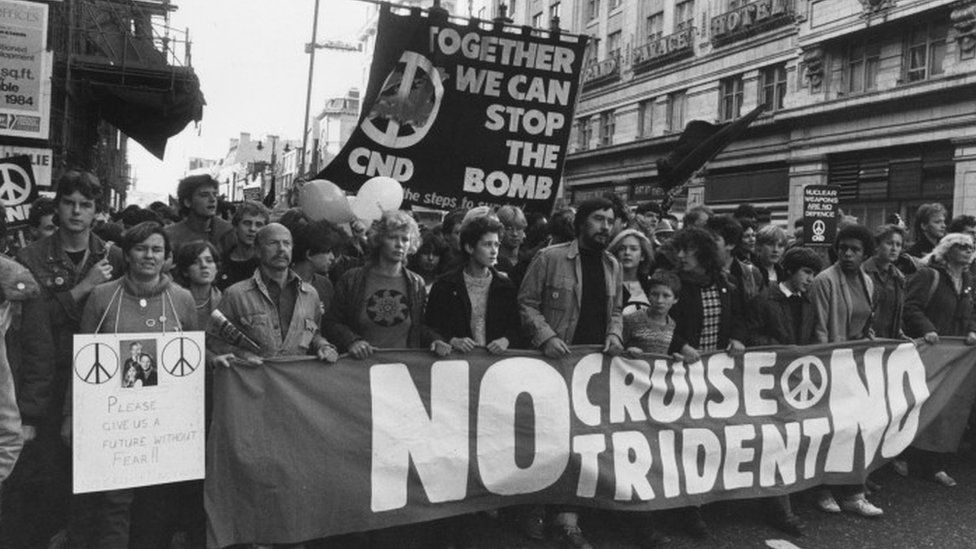 Supporters of the Campaign for Nuclear Disarmament (CND) marching through London in October 1983
