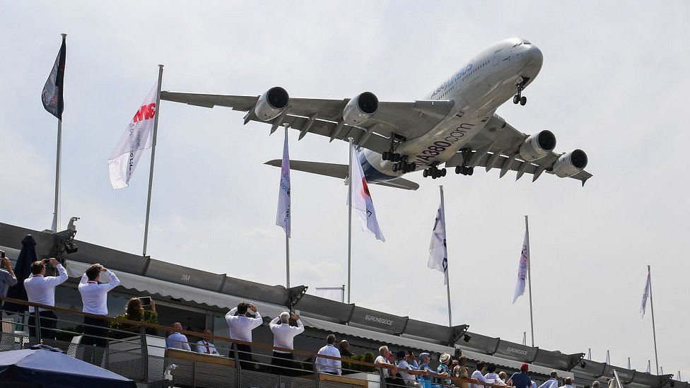 An Airbus A380 jet airliner prepares to land during the International Paris Air Show at Le Bourget, north of Paris, on June 20, 2017