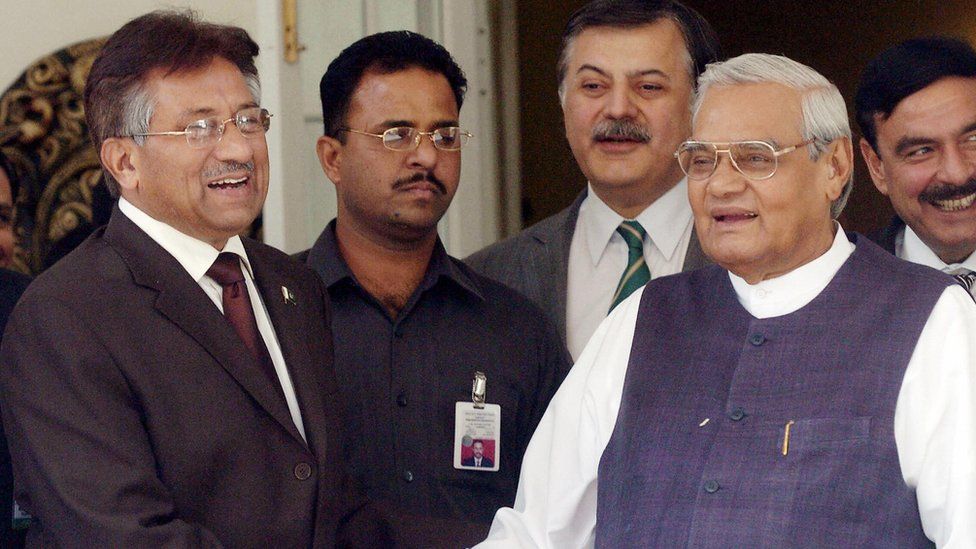 Pakistan President Pervez Musharraf shakes hands with former Indian Prime Minister Atal Bihari Vajpayee in Delhi, 2005.
