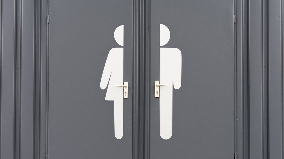 Door with half a woman's toilet symbol beside half a men's toilet symbol