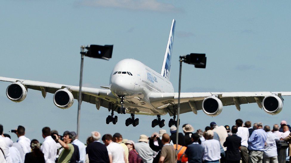 The Airbus A380 landing at Farnborough Airport in 2014