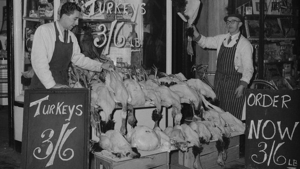 Display of Christmas turkey outside a butcher's shop