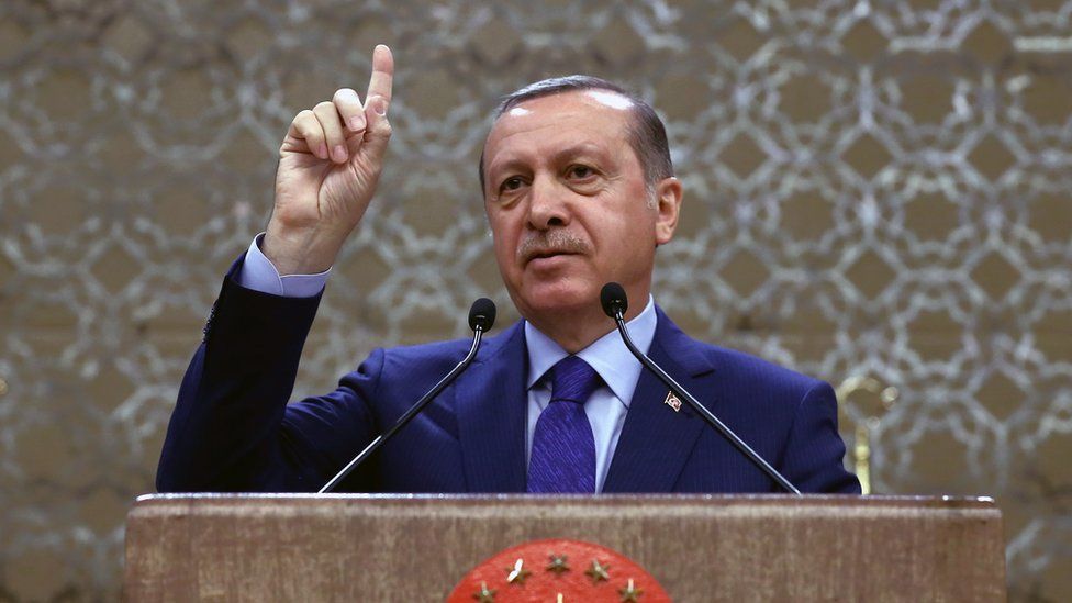 Turkish President Recep Tayyip Erdogan addresses a meeting of local administrators in Ankara, Turkey, Wednesday, April 6, 2016