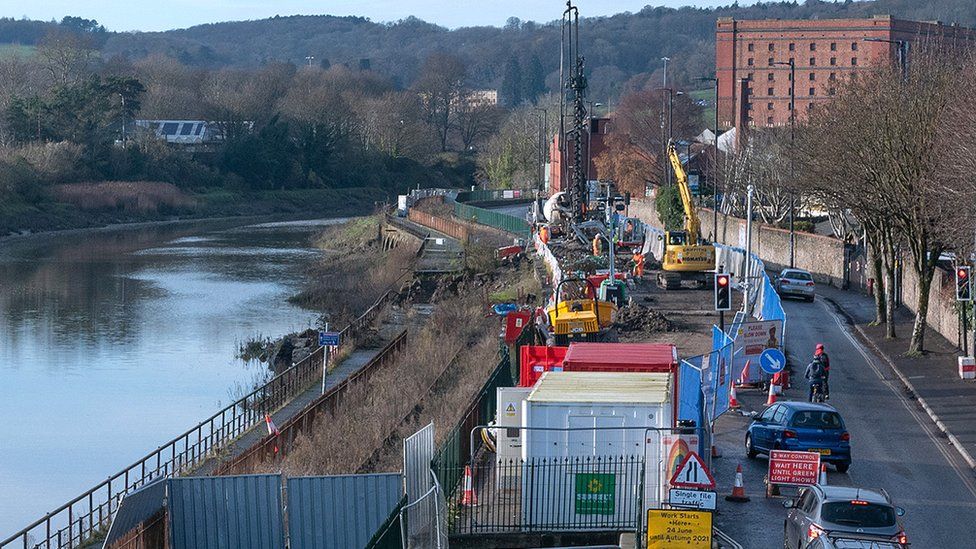Repair work on Cumberland Road after part of the River Avon embankment collapsed in 2020
