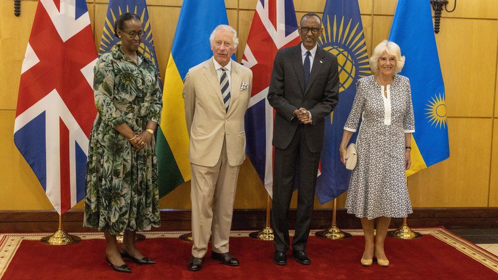 Prince of Wales and the Duchess of Cornwall meeting President of Rwanda Paul Kagame (second right) and his wife Jeannette Kagame (left) in Kigali,