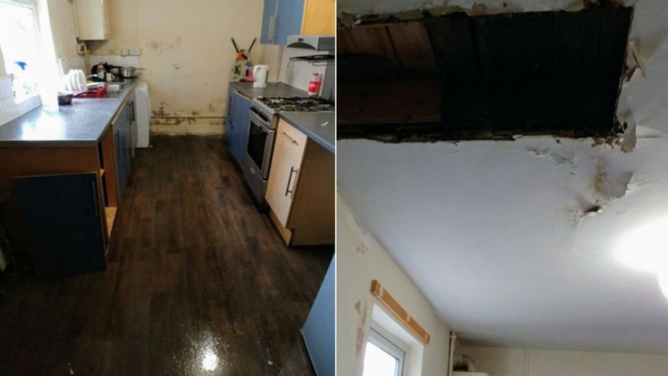 In one house, water would "cascade" from the upstairs bathroom into the kitchen, where part of the ceiling was missing