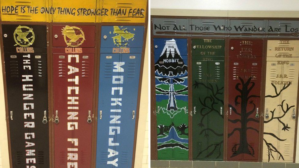 School lockers painted to look like the spines of Harry Potter Books