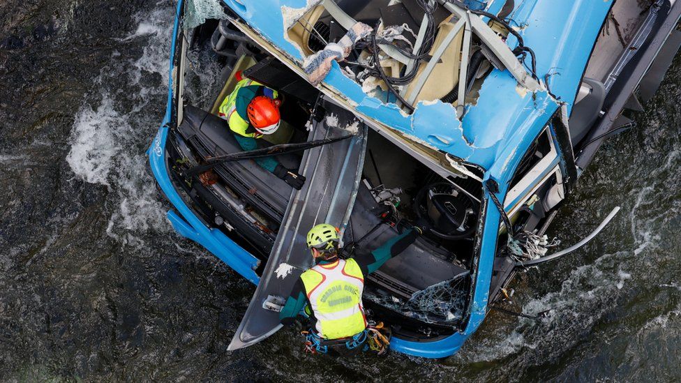 Spain's Civil Guard inspect the wreckage of a bus in the Lerez river, north-western Spain. Photo: 26 December 2022