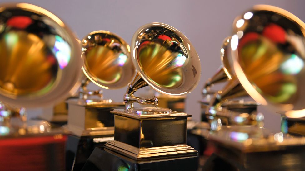 Grammy trophies sit in the press room during the 64th Annual GRAMMY Awards at MGM Grand Garden Arena on April 03, 2022 in Las Vegas, Nevada