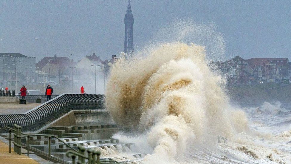 Waves crashing on the seafront at Blackpool ahead of Storm Dudley