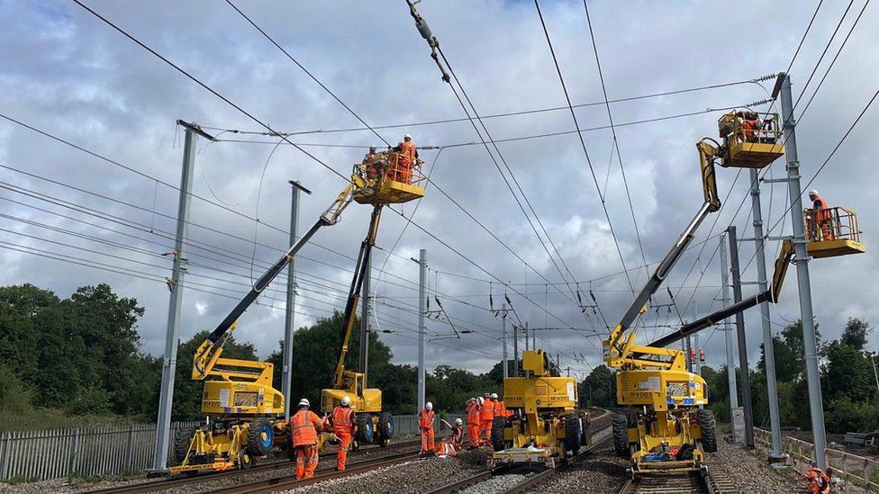 Engineers working on overhead lines