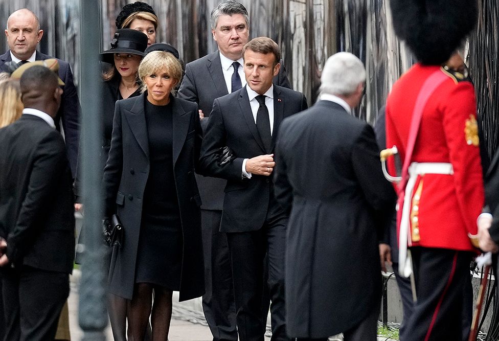 Brigitte Macron and President of France, Emmanuel Macron arrive at Westminster Abbey ahead of the State Funeral of Queen Elizabeth II on 19 September 2022 in London