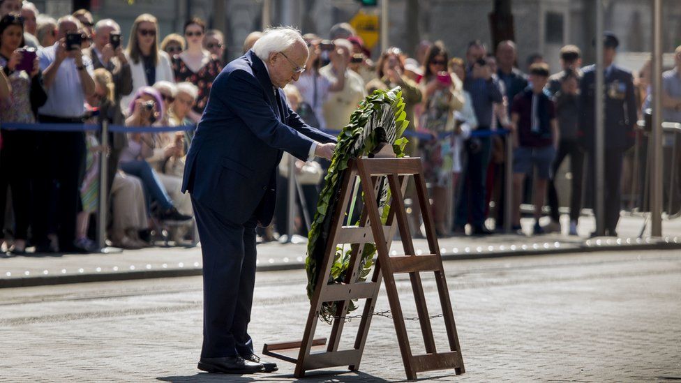 Irish President Michael D Higgins laying a wreath at the Easter Rising commemoration in Dublin