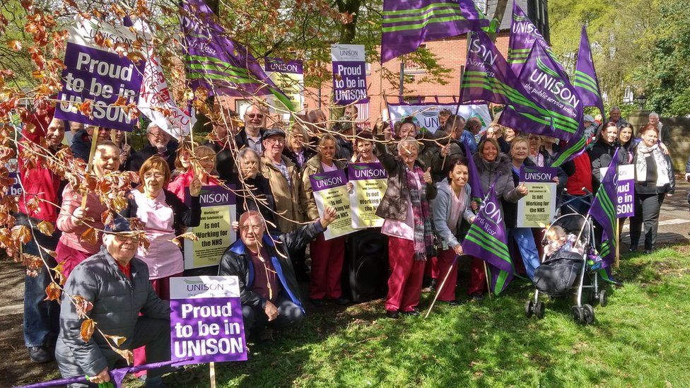 UNISON members holding a lobby outside the Trust board meeting at the Royal Albert Edward Infirmary site in Wigan on 25 April