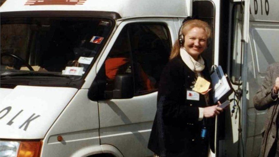 Jill Bennett with a BBC outside broadcast van