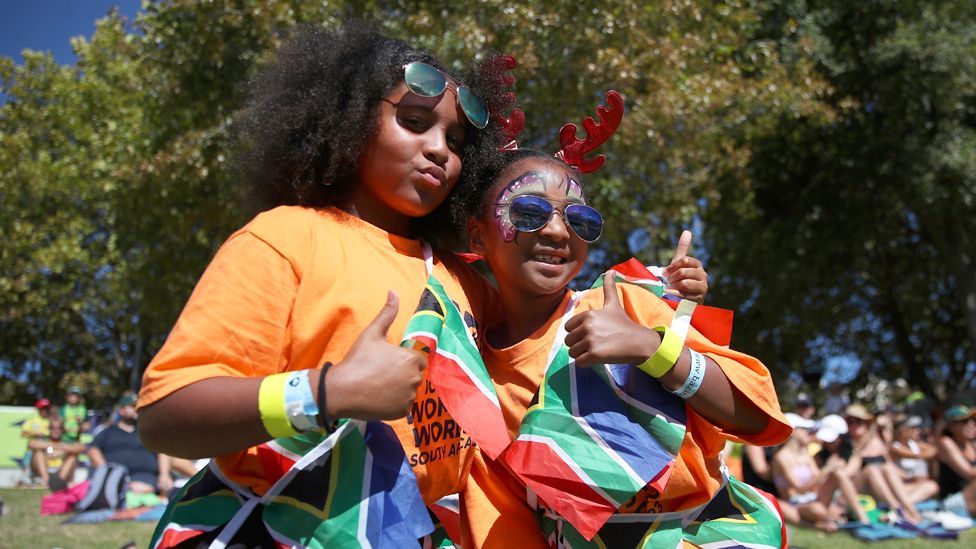 Girls decked out in the South African flag at Newlands Stadium in Cape Town, South Africa - Friday 24 February 2023
