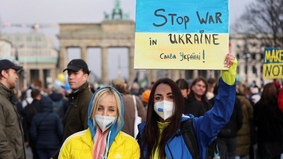 Demonstrators take part in an anti-war protest, after Russia launched a massive military operation against Ukraine, in Berlin, Germany, February 27, 2022.
