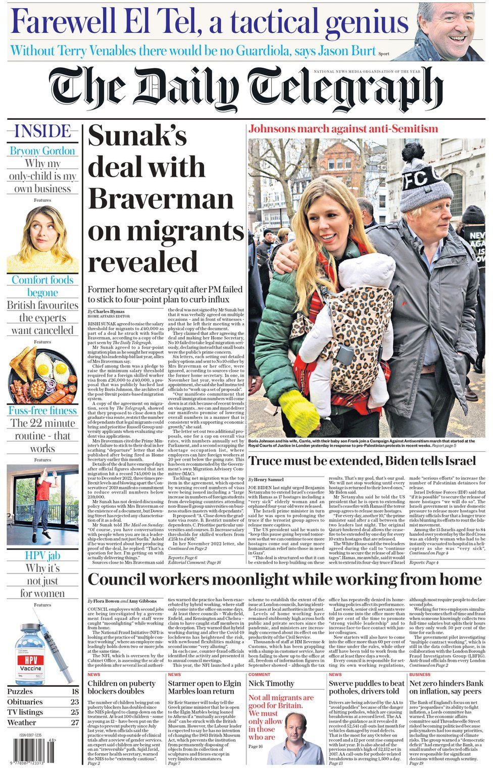 The Daily Telegraph's main headline reads "Sunak's deal with Braverman on migrants revealed"