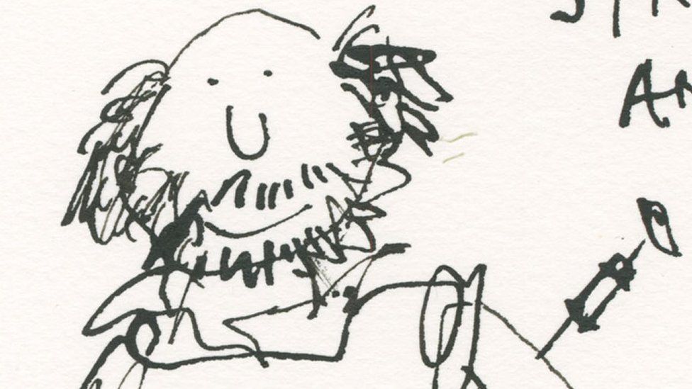 Self-portrait by Sir Quentin Blake, being vaccinated against Covid-19