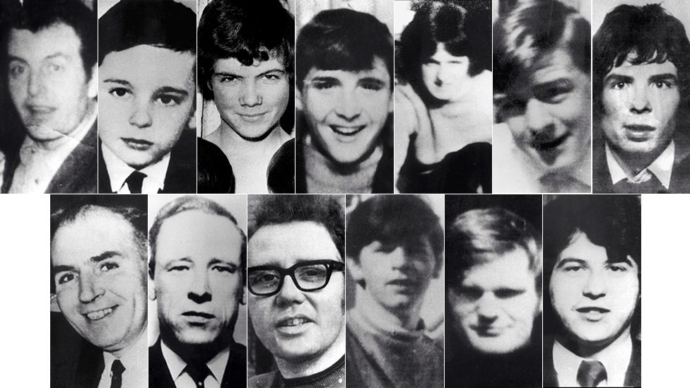 Top row, from left to right: Patrick 'Paddy' Doherty, Gerald Donaghey, John 'Jackie' Duddy, Hugh Gilmour, Michael Kelly, Michael McDaid, Kevin McElhinney. Bottom row, from left to right: Bernard McGuigan, Gerard McKinney, William McKinney, William Nash, James Wray, John Young