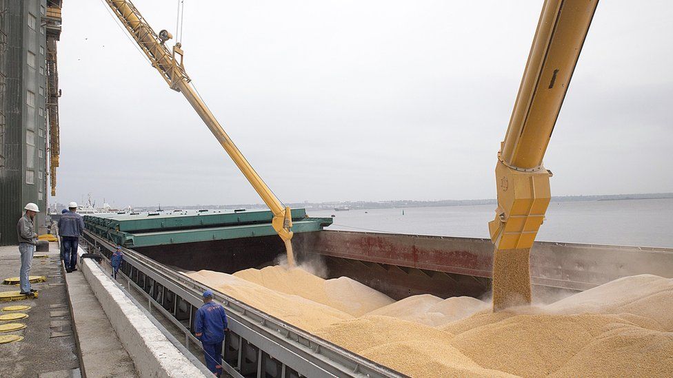 Grain being loaded onto a ship at Nikolaev port in Ukraine