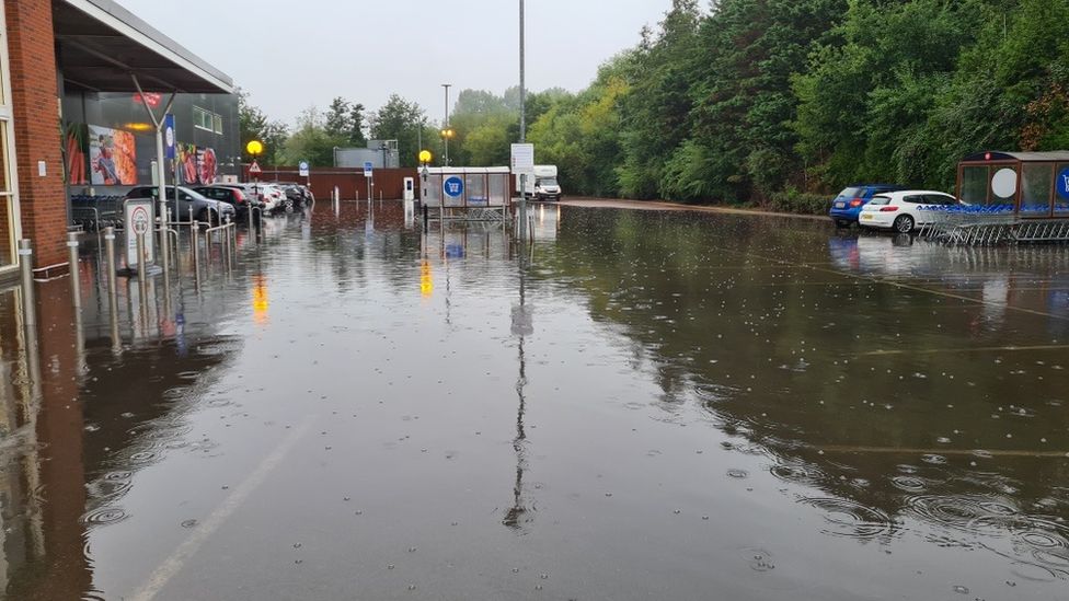 Flooded Tesco car park in Fakenham