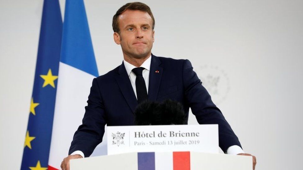 French President Emmanuel Macron speaks in Paris. Photo: 13 July 2019