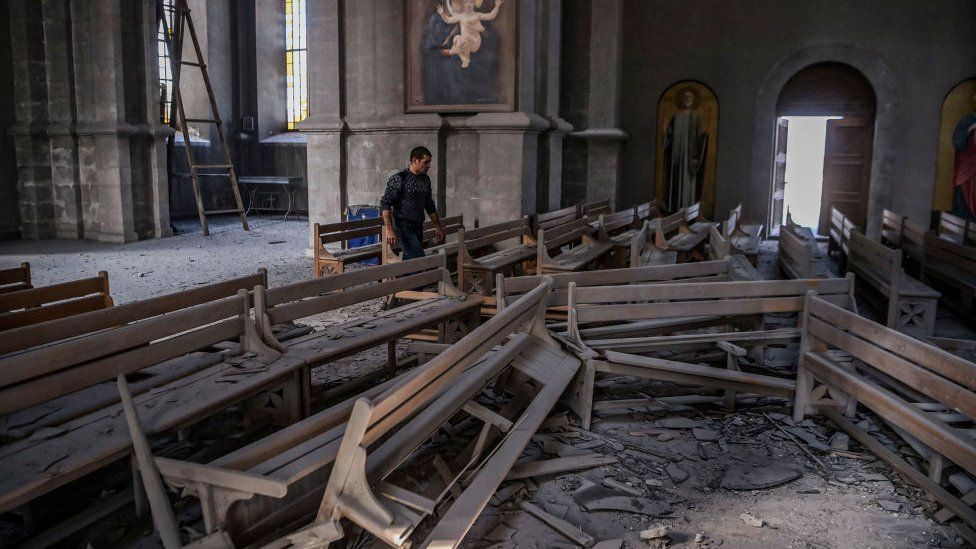 Rubble inside the Holy Saviour Cathedral in Shusha, Nagorno-Karabakh on 8 October 2020