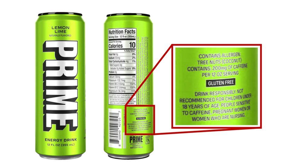 A graphic showing Prime Energy's caffeine warning is located at the lower section of the back of the can