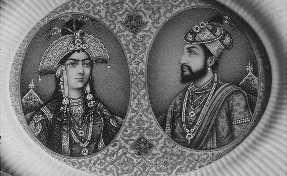 Indian Emperor Shah Jahan (1592 - 1666) with his wife Mumtaz Mahal, from a double Delhi miniature on ivory. (Photo by Hulton Archive/Getty Images