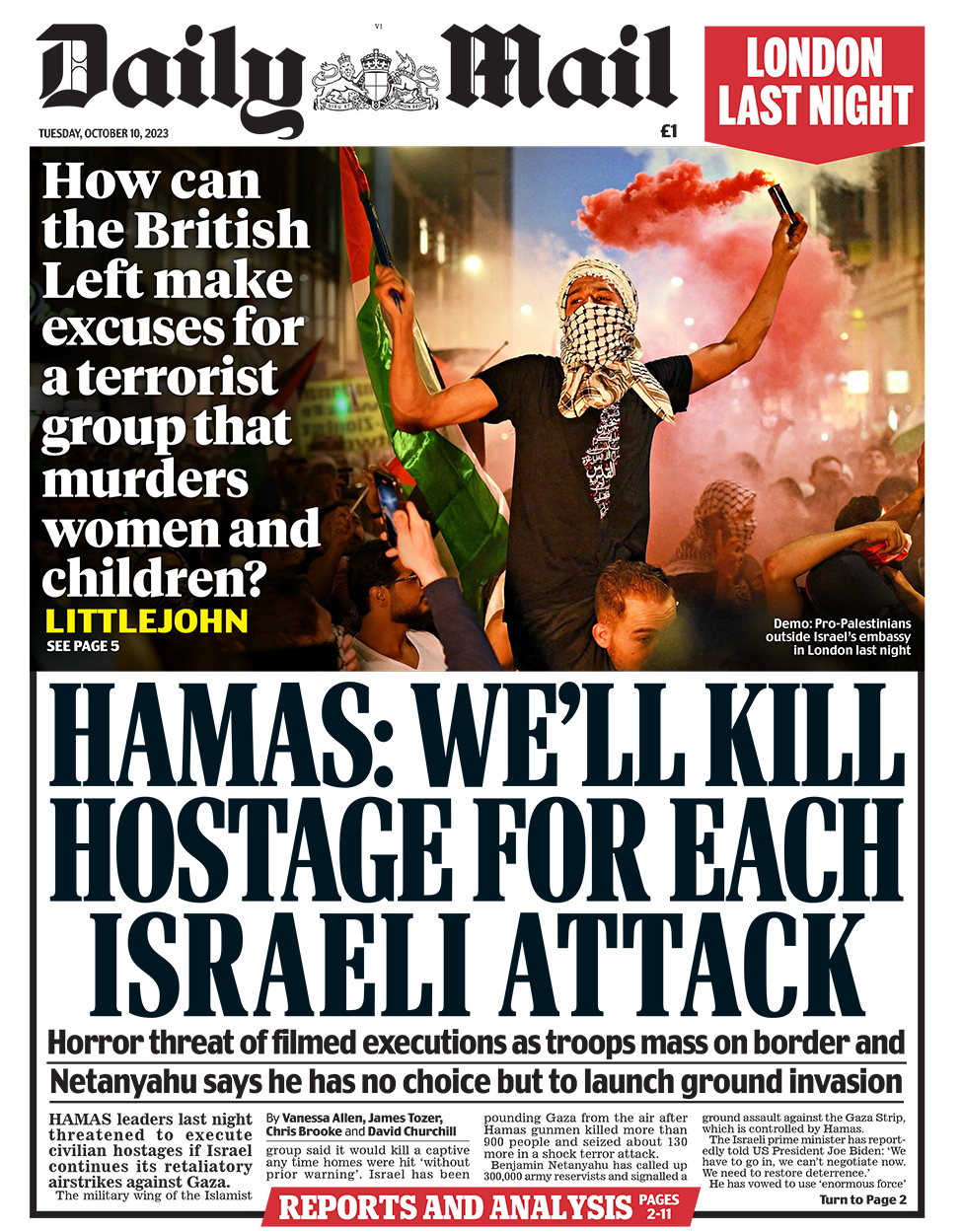 Titulli në Daily Mail thotë "Hamas: Ne do të vrasim peng për çdo sulm izraelit"