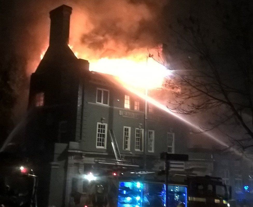The burning Aeronaut pub overnight