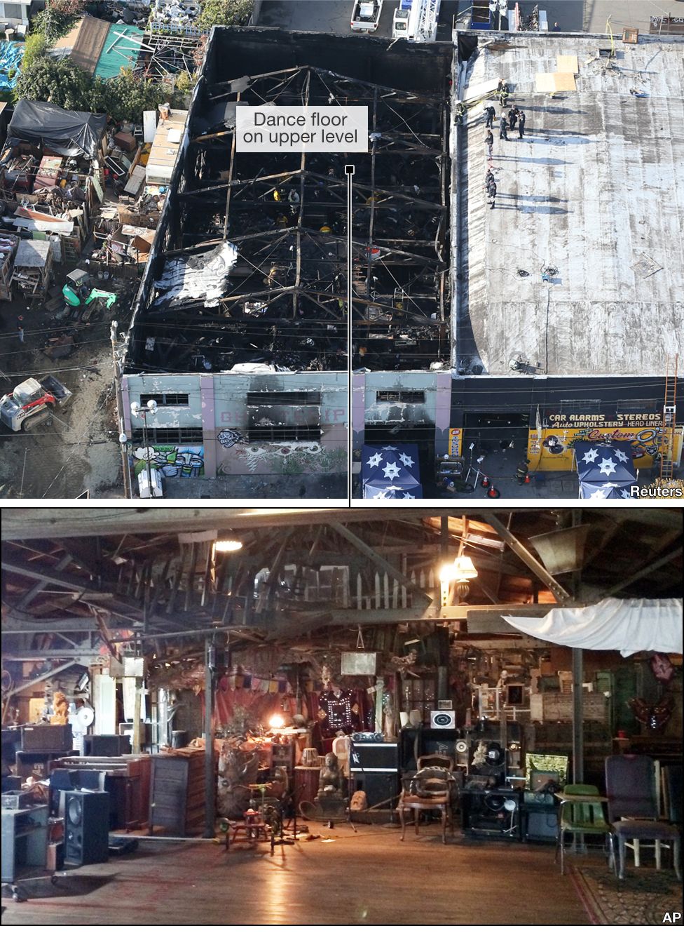 Aerial image of the burnt out venue and a photo of the interior before the fire