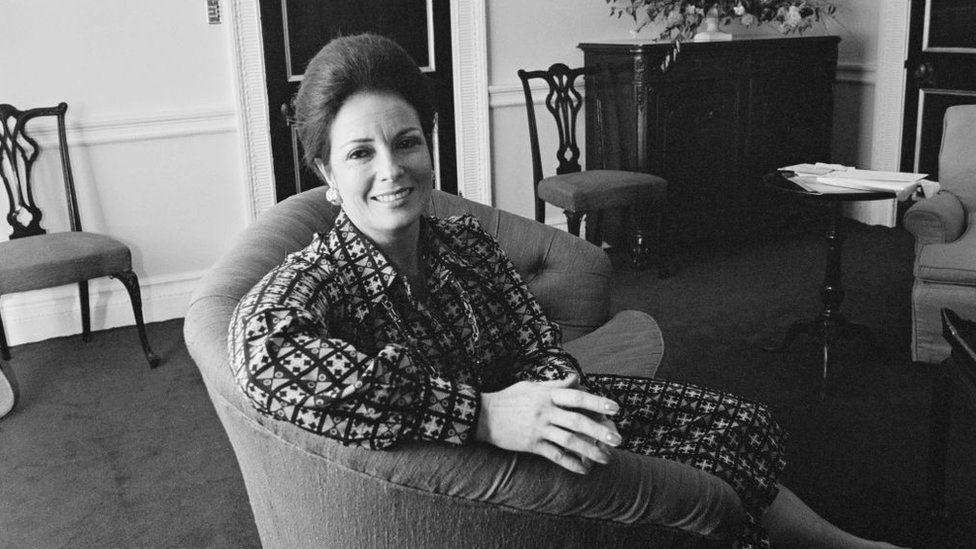 Egyptian human rights activist Jehan Sadat, First Lady of Egypt, UK, 10 November 1975.